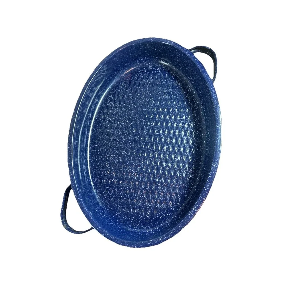 Vintage Blue Speckled Enamel Roasting Pan 14x9.5 Oval w/ Handles Bakeware
